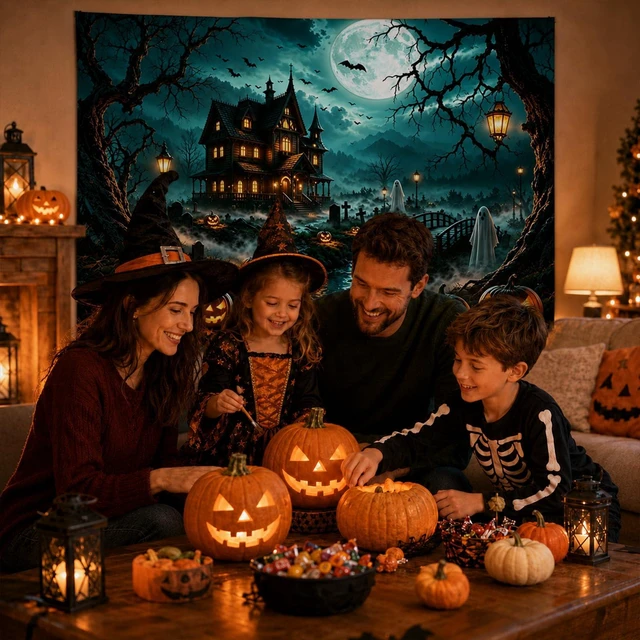 Alt view image 4 of 7 - Halloween Garage Door Cover 16 x 7 FT, Halloween Garage Banner Haunted House Design, Detailed Halloween artwork creates a spooky seasonal scene for garages, walls, yards and parties