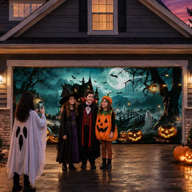 Alt view image 5 of 7 - Halloween Garage Door Cover 16 x 7 FT, Halloween Garage Banner Haunted House Design, Detailed Halloween artwork creates a spooky seasonal scene for garages, walls, yards and parties