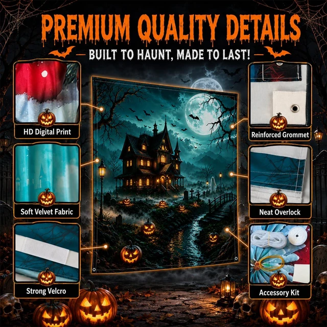 Alt view image 6 of 7 - Halloween Garage Door Cover 16 x 7 FT, Halloween Garage Banner Haunted House Design, Detailed Halloween artwork creates a spooky seasonal scene for garages, walls, yards and parties