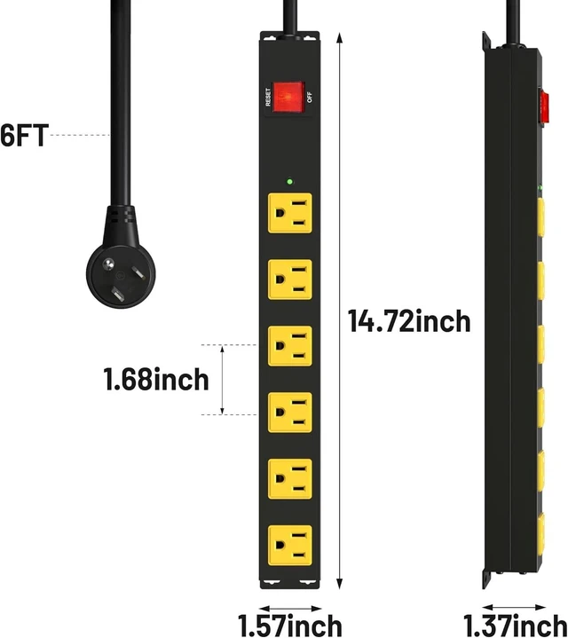 Alt view image 2 of 7 - Heavy Duty Metal Surge Protector Power Strip, 2700J with 15A Circuit Breaker, 6 Wide Spaced Outlets, 6FT Extension Cord, Wall Mount for Garage Workshop (2 Pack 6ft)