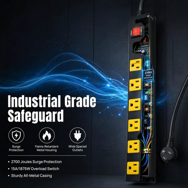 Alt view image 5 of 7 - Heavy Duty Metal Surge Protector Power Strip, 2700J with 15A Circuit Breaker, 6 Wide Spaced Outlets, 6FT Extension Cord, Wall Mount for Garage Workshop (2 Pack 6ft)