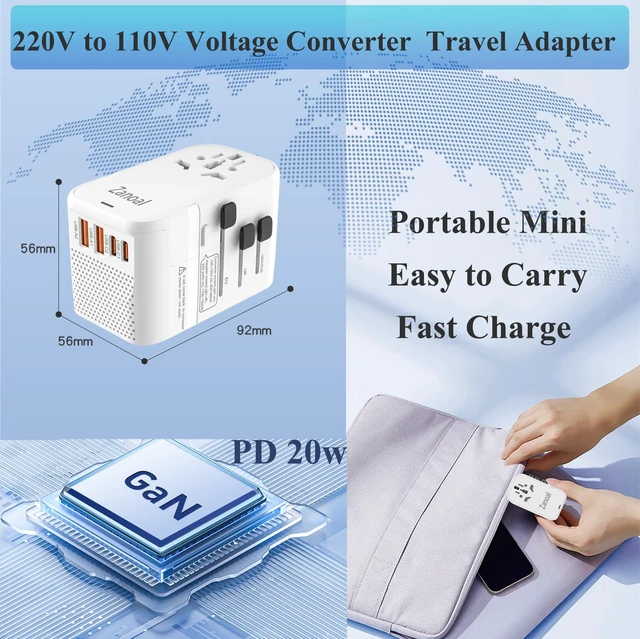 Alt view image 3 of 6 - 220V to 110V Converter for European Travel,Step Down Voltage Converter US to Europe,Universal Travel Power Adapter with 2 Type C +2 USB A,PD20W,USA/UK/EU/AUS/China Vacation Travel Essentials