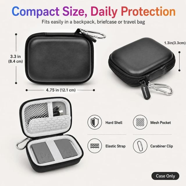 Alt view image 3 of 7 - Hard Carrying Case for Pocket AI Voice Recorder, Travel Storage Bag Hard Shell with Soft Padding, Mesh Pocket and Elastic Strap Keep Recorder and Small Accessories Organized, Carabiner,Bag Only