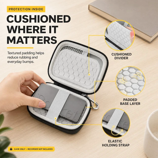Alt view image 4 of 7 - Hard Carrying Case for Pocket AI Voice Recorder, Travel Storage Bag Hard Shell with Soft Padding, Mesh Pocket and Elastic Strap Keep Recorder and Small Accessories Organized, Carabiner,Bag Only