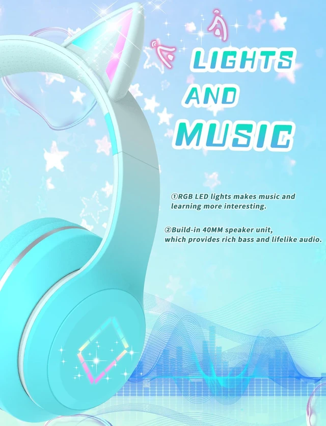Alt view image 2 of 7 - Bluetooth Kids Headphones,Cat Ear LED Light Up Kids Wireless Headphones,Bluetooth 5.1&Stereo Sound, Foldable,Adjustable Headband,Children Headphone with Microphone for School/Tablet (Green)