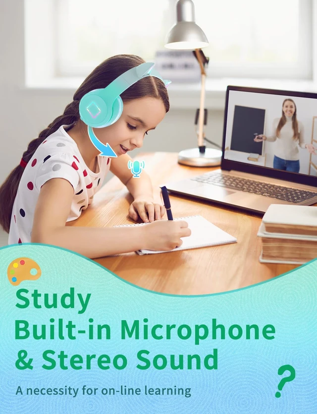 Alt view image 3 of 7 - Bluetooth Kids Headphones,Cat Ear LED Light Up Kids Wireless Headphones,Bluetooth 5.1&Stereo Sound, Foldable,Adjustable Headband,Children Headphone with Microphone for School/Tablet (Green)