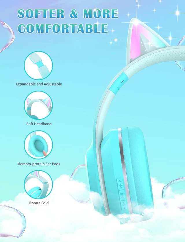 Alt view image 4 of 7 - Bluetooth Kids Headphones,Cat Ear LED Light Up Kids Wireless Headphones,Bluetooth 5.1&Stereo Sound, Foldable,Adjustable Headband,Children Headphone with Microphone for School/Tablet (Green)