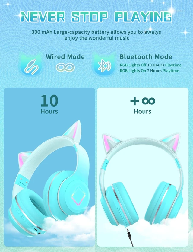 Alt view image 5 of 7 - Bluetooth Kids Headphones,Cat Ear LED Light Up Kids Wireless Headphones,Bluetooth 5.1&Stereo Sound, Foldable,Adjustable Headband,Children Headphone with Microphone for School/Tablet (Green)
