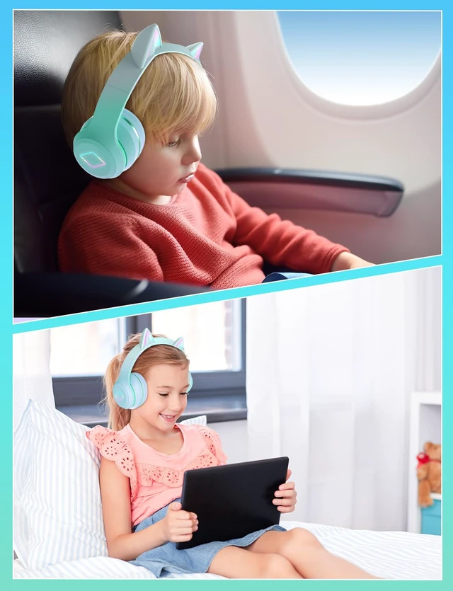 Alt view image 7 of 7 - Bluetooth Kids Headphones,Cat Ear LED Light Up Kids Wireless Headphones,Bluetooth 5.1&Stereo Sound, Foldable,Adjustable Headband,Children Headphone with Microphone for School/Tablet (Green)