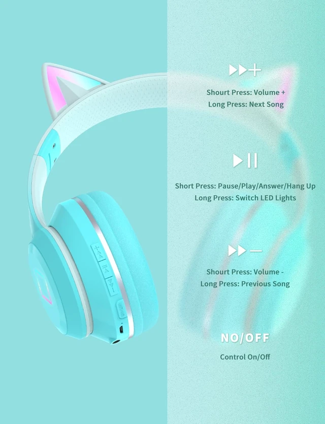 Alt view image 6 of 7 - Bluetooth Kids Headphones,Cat Ear LED Light Up Kids Wireless Headphones,Bluetooth 5.1&Stereo Sound, Foldable,Adjustable Headband,Children Headphone with Microphone for School/Tablet (Green)