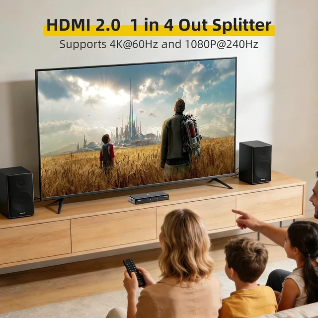 Alt view image 4 of 7 - 4K HDMI Splitter 1 in 4 Out (Mirror Only) HDMI 2.0 4K@60Hz, 1080p@240Hz Auto Downscaling, EDID, 18Gbps, HDCP 2.2, Smart Power Detection, Duplicate 1 Source to 4 Displays for TV, Monitor, Projector