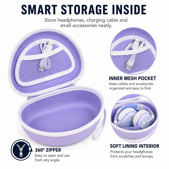 Alt view image 3 of 7 - Kids Headphone Case for eKids, for Beats Solo4 Headphones, Purple Hard Shell Case with Mesh Cable Pocket for Kids Headsets, Organized Storage for Home and travel, Box Only