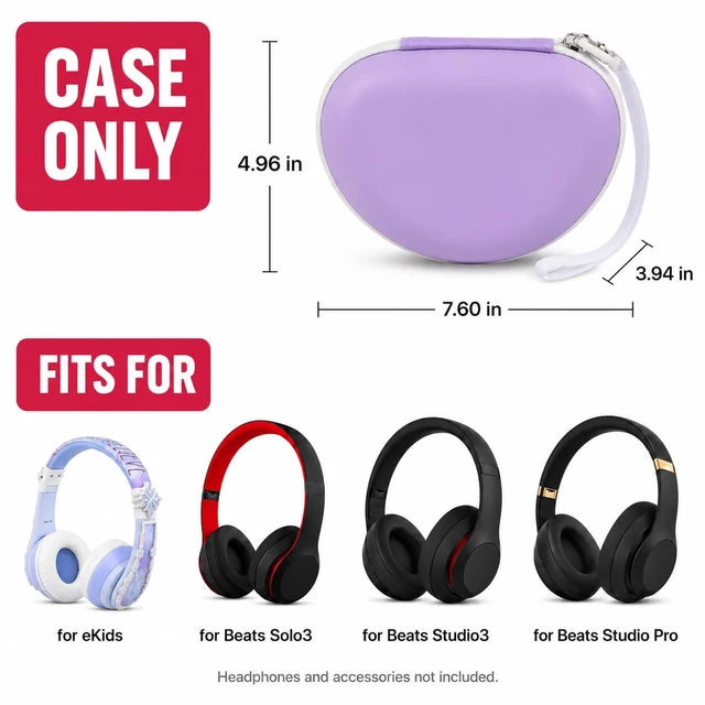 Alt view image 2 of 7 - Kids Headphone Case for eKids, for Beats Solo4 Headphones, Purple Hard Shell Case with Mesh Cable Pocket for Kids Headsets, Organized Storage for Home and travel, Box Only