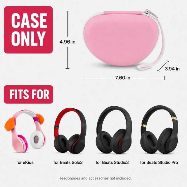 Alt view image 2 of 7 - Kids Headphone Case for eKids, for Beats Solo4 Headphones, LightPink Hard Shell Case with Mesh Cable Pocket for Kids Headsets, Organized Storage for Home and travel, Box Only
