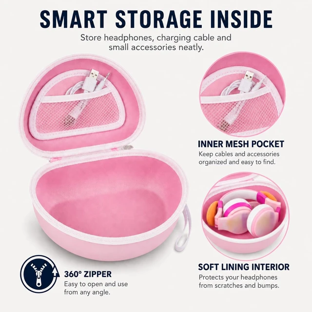 Alt view image 3 of 7 - Kids Headphone Case for eKids, for Beats Solo4 Headphones, LightPink Hard Shell Case with Mesh Cable Pocket for Kids Headsets, Organized Storage for Home and travel, Box Only