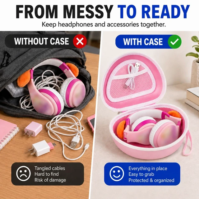 Alt view image 4 of 7 - Kids Headphone Case for eKids, for Beats Solo4 Headphones, LightPink Hard Shell Case with Mesh Cable Pocket for Kids Headsets, Organized Storage for Home and travel, Box Only