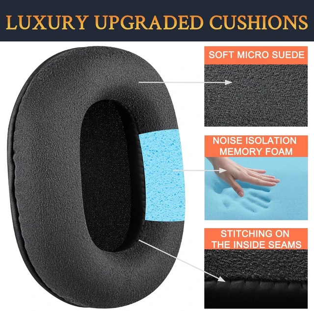 Alt view image 4 of 7 - Suede Earpads for ATH M50X Headphones - Black for Audio Technica M50X/M40X/M30X/M20X/MSR7/SX1 Monitor Headphones