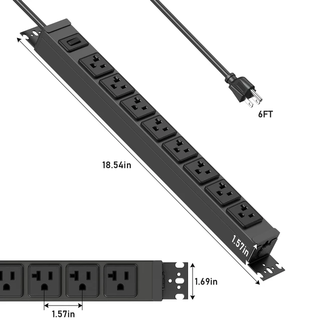 Alt view image 2 of 7 - Heavy Duty Power Strip Wall Mount, 20 Amp Surge Protector 1200J Metal 8 Outlet Under Desk Mounted 20A, Garage Power Table Socket Industrial Outlets 6-20R T-Slot, Black-6FT 12AWG Extension Cord