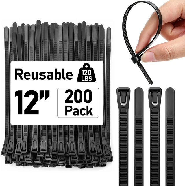 Main image of 200 Pcs 12 Inch Reusable Zip Ties Outdoor Heavy Duty 120lbs Industrial Releasable Tie Wraps, Recoverable Black Wire Ties, UV Resistant, for Home Office Garden Patio& Wire Management
