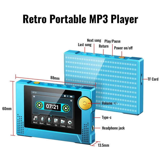 Alt view image 6 of 6 - 64GB 80s Retro MP3 Player with HD Speaker,MP3 Cassette Nostalgia Player,Dynamic Retro UI,Tape Drive Shape,Portable Bluetooth MP3 Music Player 50 Hours Long Battery Life, 2.4" Touchscreen (Blue)