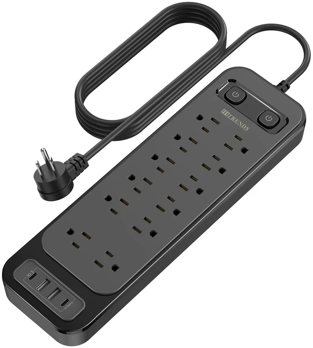 Main image of 12-Outlet Surge Protector Power Strip with 2 USB A + 2 USB C, 6FT Flat Plug Extension Cord, Dual Switches, Wide Spacing, 1250W/10A Multi Plug Outlet for Home Office Dormitory, Black