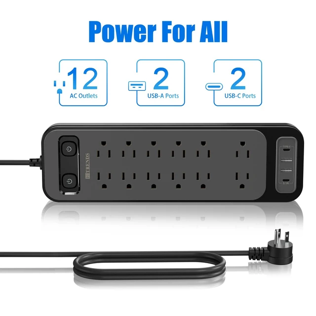 Alt view image 2 of 7 - 12-Outlet Surge Protector Power Strip with 2 USB A + 2 USB C, 6FT Flat Plug Extension Cord, Dual Switches, Wide Spacing, 1250W/10A Multi Plug Outlet for Home Office Dormitory, Black