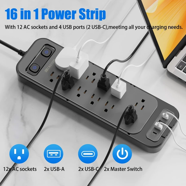 Alt view image 3 of 7 - 12-Outlet Surge Protector Power Strip with 2 USB A + 2 USB C, 6FT Flat Plug Extension Cord, Dual Switches, Wide Spacing, 1250W/10A Multi Plug Outlet for Home Office Dormitory, Black