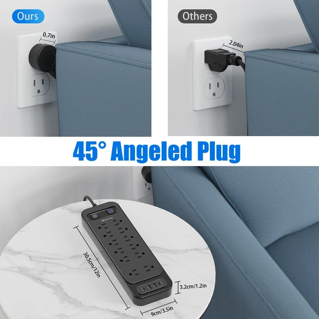 Alt view image 4 of 7 - 12-Outlet Surge Protector Power Strip with 2 USB A + 2 USB C, 6FT Flat Plug Extension Cord, Dual Switches, Wide Spacing, 1250W/10A Multi Plug Outlet for Home Office Dormitory, Black