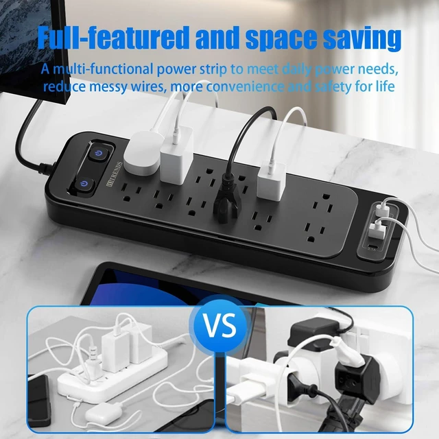 Alt view image 5 of 7 - 12-Outlet Surge Protector Power Strip with 2 USB A + 2 USB C, 6FT Flat Plug Extension Cord, Dual Switches, Wide Spacing, 1250W/10A Multi Plug Outlet for Home Office Dormitory, Black