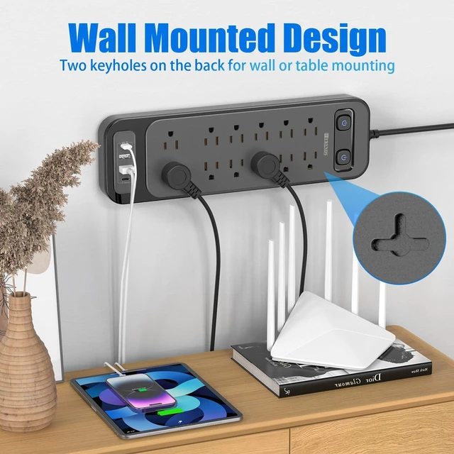 Alt view image 6 of 7 - 12-Outlet Surge Protector Power Strip with 2 USB A + 2 USB C, 6FT Flat Plug Extension Cord, Dual Switches, Wide Spacing, 1250W/10A Multi Plug Outlet for Home Office Dormitory, Black