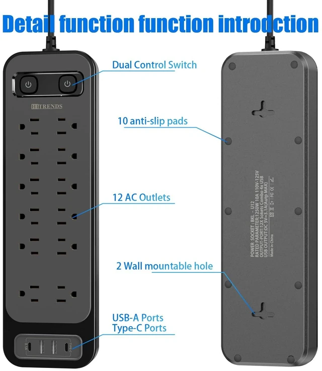 Alt view image 7 of 7 - 12-Outlet Surge Protector Power Strip with 2 USB A + 2 USB C, 6FT Flat Plug Extension Cord, Dual Switches, Wide Spacing, 1250W/10A Multi Plug Outlet for Home Office Dormitory, Black