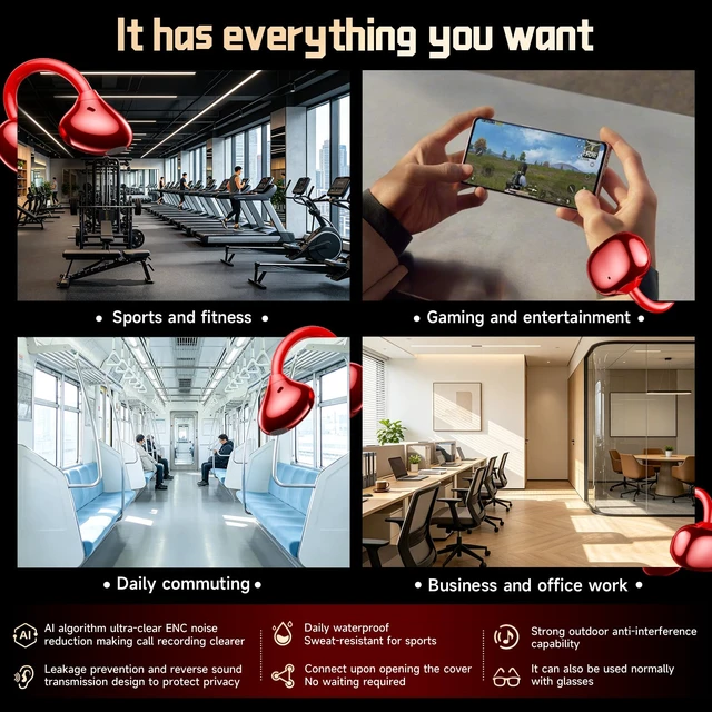 Alt view image 7 of 7 - ZOMBIESCAT B23 Third-generation Open Headphones, Clip-on Earclip Earbuds True Wireless TWS Bluetooth 6.0 with Microphone, Suitable for Women, Glasses and Outdoor Sports, Red
