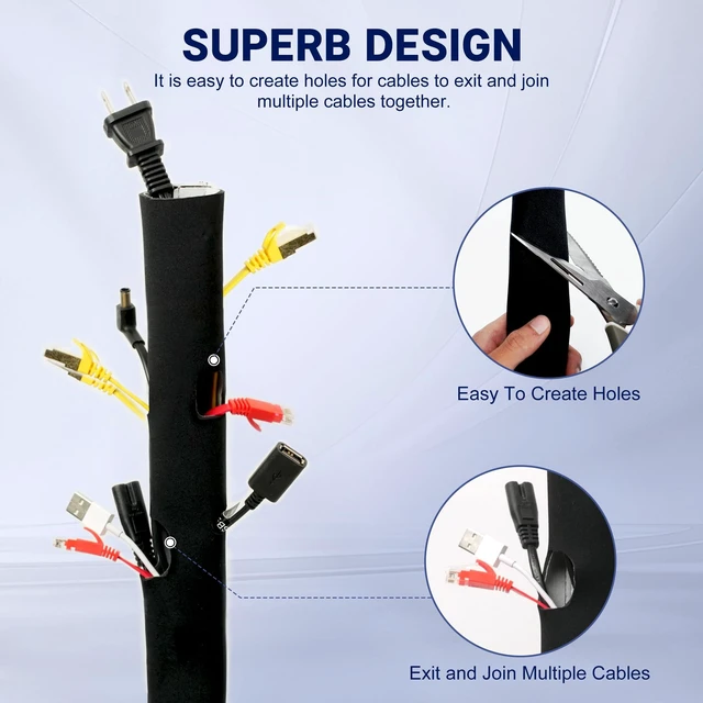 Alt view image 2 of 7 - Cable Management Sleeve, 6.6ft (80 inch) - 1.5 inch Hook-and-Loop Cuttable Neoprene, Split Reversible Sleeve for TV, USB, PC and Ethernet Cables, Protect Pets Kids
