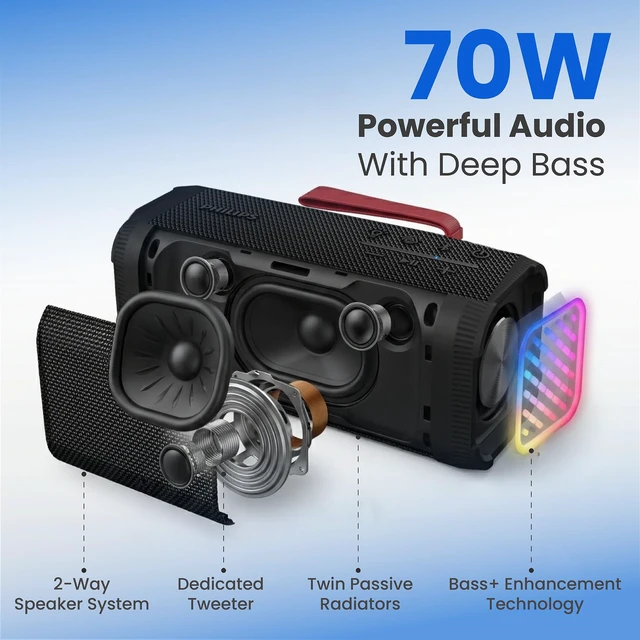 Alt view image 4 of 7 - Portable Bluetooth Speaker, 70W Powerful Sound with Bass+ Tech, 24H Playtime, Replaceable Battery with Power Bank, IP67 Waterproof & Dustproof, RGB Party Lights, Auracast & TWS Stereo Pairing
