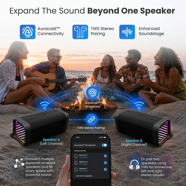 Alt view image 5 of 7 - Portable Bluetooth Speaker, 70W Powerful Sound with Bass+ Tech, 24H Playtime, Replaceable Battery with Power Bank, IP67 Waterproof & Dustproof, RGB Party Lights, Auracast & TWS Stereo Pairing