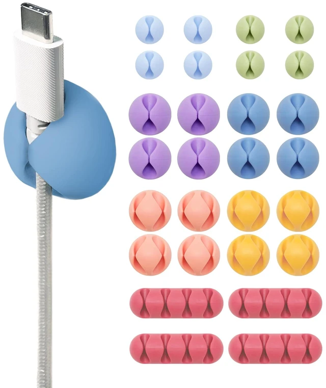 Main image of Cable Clips - (Assorted 28-Pack) Macaron Desk and Nightstand Cable Holder for Phone and Bedside Table Cord Organizer