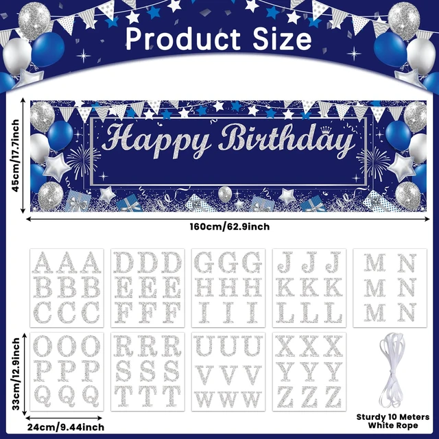 Alt view image 2 of 7 - Personalized Birthday Banner Happy Birthday Party Decor Custom DIY Silver and Blue Birthday Party Backdrop with Name Alphabet Letter Sticker Happy Birthday Sign Party Supplies for Men Women