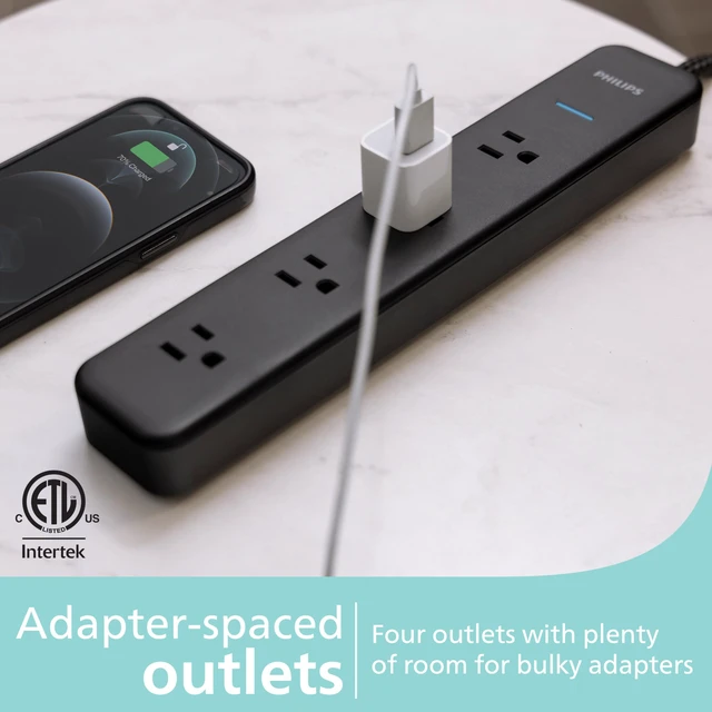 Alt view image 2 of 6 - Surge Protector Power Strip, 4 Ft Braided Extension Cord 4 Outlet Extender (Wide Spaced), 450 Joules, Flat Plug, Wall Mount, Home Office Dorm Essentials, Black, SPP3503B/37