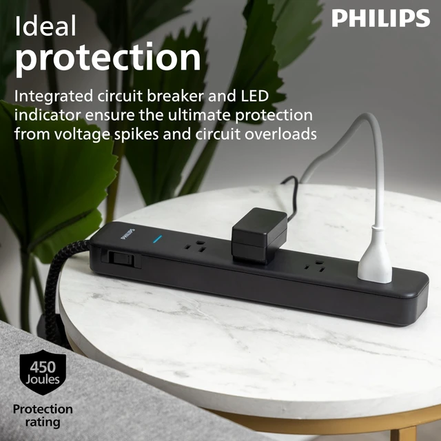 Alt view image 3 of 6 - Surge Protector Power Strip, 4 Ft Braided Extension Cord 4 Outlet Extender (Wide Spaced), 450 Joules, Flat Plug, Wall Mount, Home Office Dorm Essentials, Black, SPP3503B/37