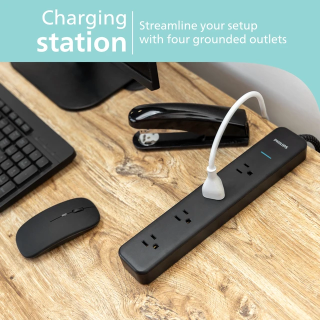 Alt view image 4 of 6 - Surge Protector Power Strip, 4 Ft Braided Extension Cord 4 Outlet Extender (Wide Spaced), 450 Joules, Flat Plug, Wall Mount, Home Office Dorm Essentials, Black, SPP3503B/37