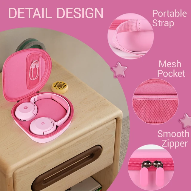 Alt view image 6 of 7 - Hard Headphone Case for ICLEVER BTH 20, with Mesh Pocket & Handle Strap Portable Carrying Storage Case for Foldable Headphones,Travel & Home Use, Pink