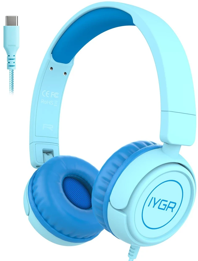 Main image of K6C Kids Headphones with USB-C, for Toddler & Kids Ages 2-12, 85dB Safe Volume Limited, Adjustable Headband & Foldable Wired, On-Ear Headphones for School, Travel, Tablet, iPad