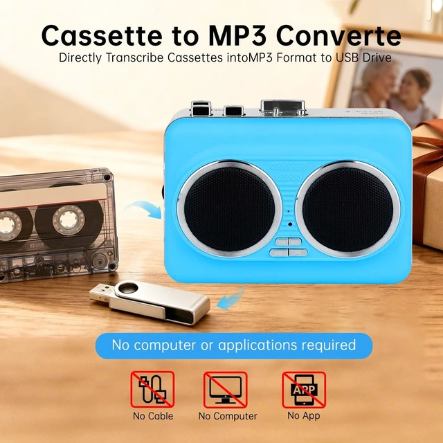 Alt view image 3 of 7 - Convert Cassette Tape to MP3 Save to USB Drive, Dual Stereo Speakers AutoReverse Cassette Walkman, Premium Motor, Stereo Playback, Portable Retro Tape Player, Headphones Included