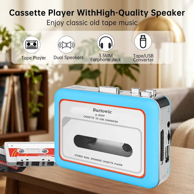 Alt view image 5 of 7 - Convert Cassette Tape to MP3 Save to USB Drive, Dual Stereo Speakers AutoReverse Cassette Walkman, Premium Motor, Stereo Playback, Portable Retro Tape Player, Headphones Included