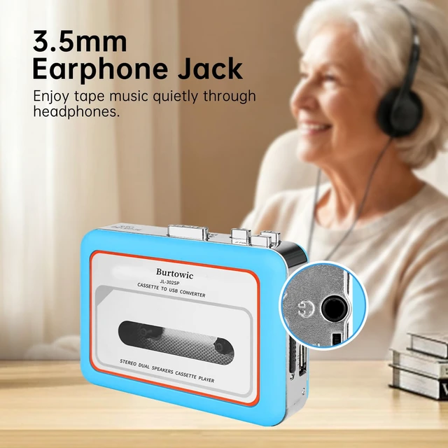 Alt view image 6 of 7 - Convert Cassette Tape to MP3 Save to USB Drive, Dual Stereo Speakers AutoReverse Cassette Walkman, Premium Motor, Stereo Playback, Portable Retro Tape Player, Headphones Included