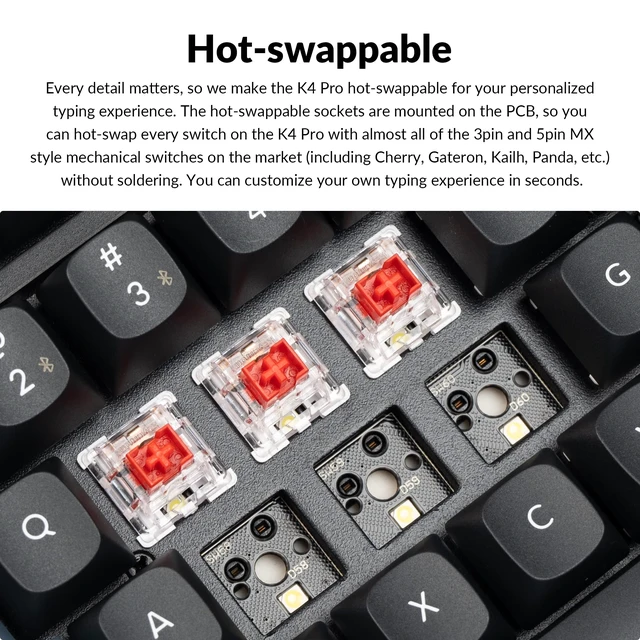 Alt view image 3 of 7 - K4 Pro 96% Custom Wireless Mechanical Keyboard with Hot-Swappable K Pro Red Switch, QMK/VIA Programmable Macro Bluetooth/Wired Keyboard White LED Backlit for Mac Windows Linux - Black