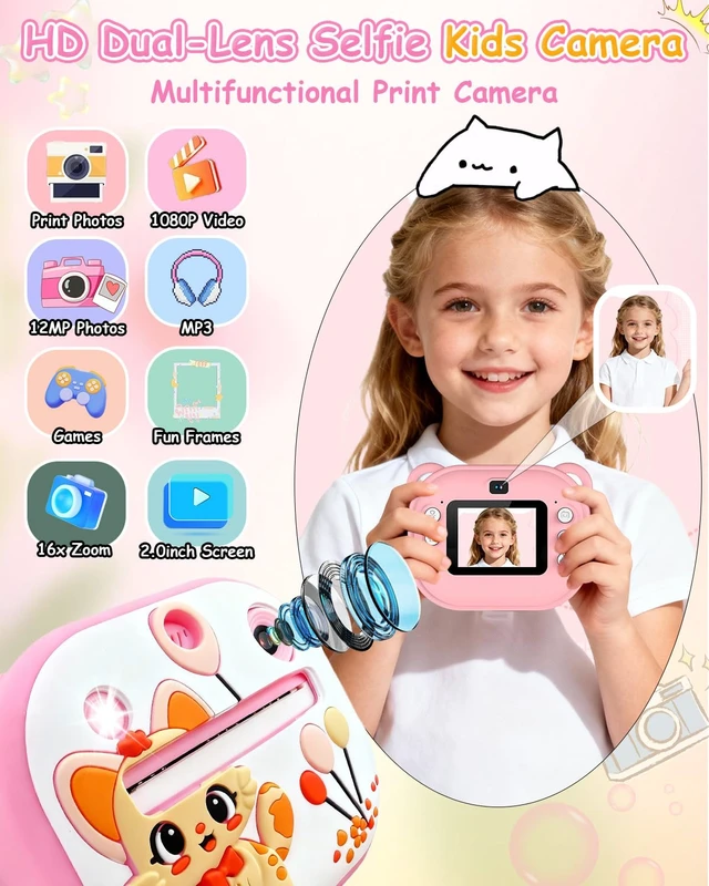 Alt view image 3 of 7 - Kids Camera Instant Print,Instant Camera with Silicone Cover 1080P HD Dual-Lens Selfie Digital Cameras with 4 Rolls Paper & 32GB Card,Christmas Birthday Gifts for Age 3-14