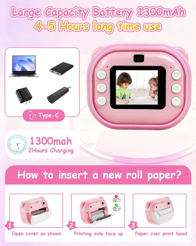 Alt view image 7 of 7 - Kids Camera Instant Print,Instant Camera with Silicone Cover 1080P HD Dual-Lens Selfie Digital Cameras with 4 Rolls Paper & 32GB Card,Christmas Birthday Gifts for Age 3-14