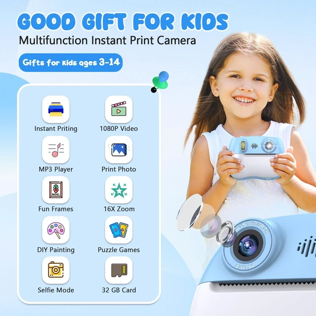 Alt view image 2 of 7 - Kids Camera Instant Print 1080P Front Rear Dual Selfie - Kids Digital Camera with Video Games, 32GB & 5-Color Print Paper/ 250 Photos,Easy to Use & Great Toys Gifts for Boys Girls, Ages 3-12