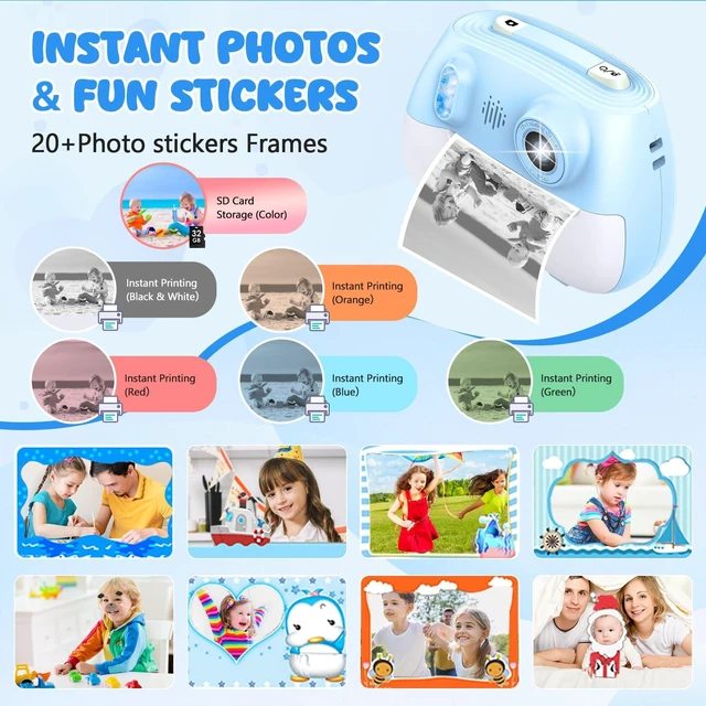 Alt view image 3 of 7 - Kids Camera Instant Print 1080P Front Rear Dual Selfie - Kids Digital Camera with Video Games, 32GB & 5-Color Print Paper/ 250 Photos,Easy to Use & Great Toys Gifts for Boys Girls, Ages 3-12